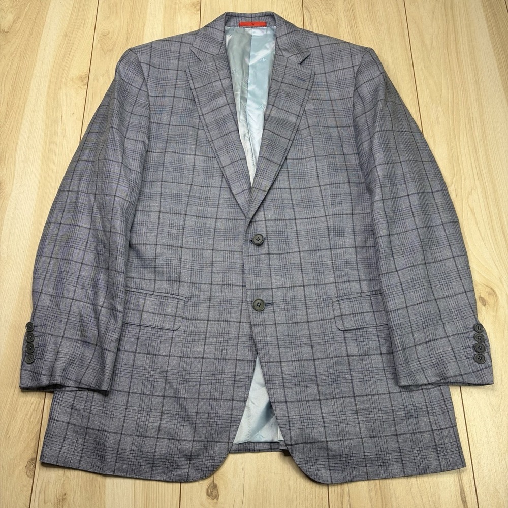 ISAIA Wool Silk Linen Glen Plaid Base "S" Sport Coat Men's 40R Blue Blazer